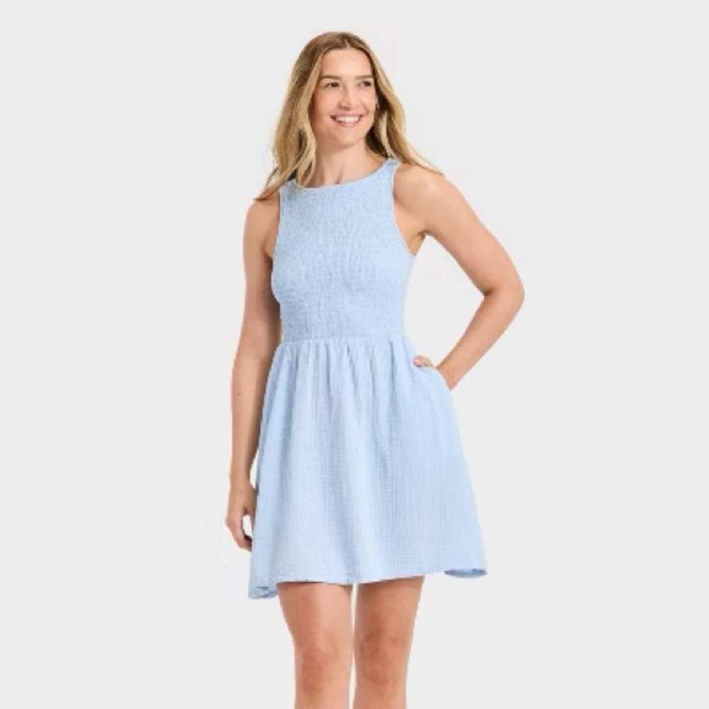 Light Blue Smocked Sleeveless A-Line Dress - Women's Casual Summer Dress